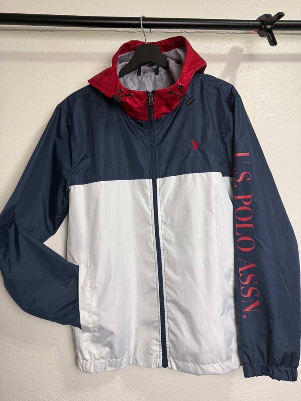 Youth U.S. Polo Assn. Navy/White/Red Colorblock Hooded Windbreaker